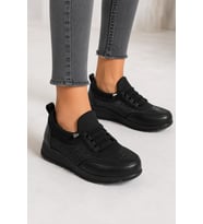 Sincere Rahat Taban Bağcıklı Taş Detaylı Kadın Sneaker Ayakkabı - Siyah