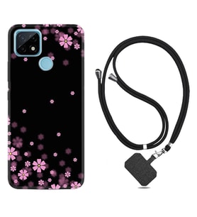 Realme C11 C21 C21Y C25Y C11 2021 Kılıf Boyun Askılı Silikon Black flowers 1391