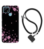 Realme C11 C21 C21Y C25Y C11 2021 Kılıf Boyun Askılı Silikon Black flowers 1391