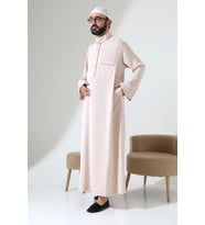 Erkek Hac ve Umre Kıyafeti Hakim Yaka Uzun Dubai Krep Cellabiye Fistan - Bej