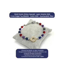 SERTİFİKALI Simit Kesim Zirkon - Lapis - Ametist - Akik 6mm Doğal Taş Bileklik - Ayarlanabilir Ölçü