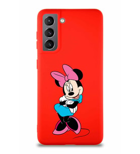 Samsung Galaxy S21 Soft Premier Kapak Minnie Mouse-D Tasarımlı Silikon Kılıf - Kırmızı (Şeffaf)