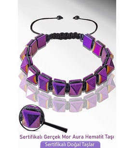 Sertifikalı Elmas Kesim Gerçek Mor Aura Hematit Taşı Bileklik - Ayarlamalı (Çok Renkli)