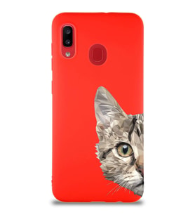 Samsung Galaxy A20 Soft Premier Kapak Catface Tasarımlı Silikon Kılıf - Kırmızı (Şeffaf)