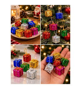 Yeni Yıla Özel 24 Parça Mini Yılbaşı Noel Çam Ağacı Hediye Paketi Süsü Karışık Renkli 24'lü Set 3 CM