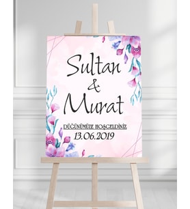 Söz Nişan Düğün İçin 50x70 Karşılama Panosu - Renkli Çiçek Tasarımlı 007