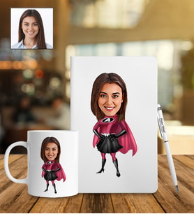 Kişiye Özel Süper Kadın Tasarımlı Karikatür Defter Kalem Kupa Set 80