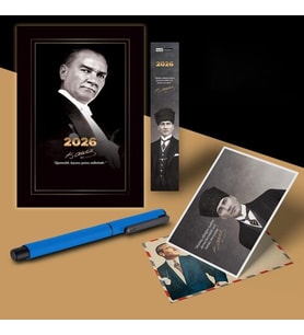 2026 Gazi Paşa Atatürk Ajandası Ayraç Kartpostal Kalem - Mavi (Siyah-Gümüş-Altın)