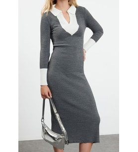 Moda Slim Casual Günlük Fitilli Triko Polo Yaka Uzun Kol Bodycone Midi Boy Elbise