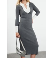 Moda Slim Casual Günlük Fitilli Triko Polo Yaka Uzun Kol Bodycone Midi Boy Elbise