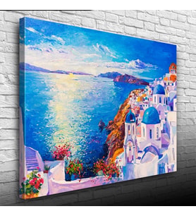Mikanos Adası Mavi ve Beyaz Yağlıboya Kanvas Tablo 50 x 70