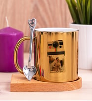Kişye Özel Polaroid Tasarım Fotoğraflı Ahşap Altlıklı Gold Kupa Bardak
