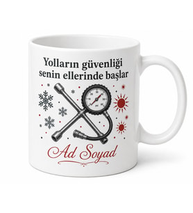 Lastikçi Temalı Kupa Bardak Bijon Anahtarı Lastik Değişimi Hediye Porselen Kupa
