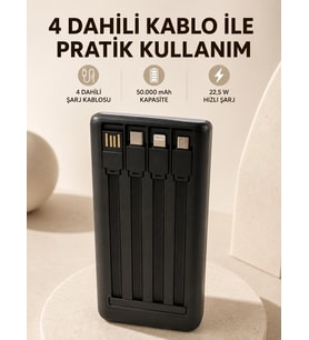 Hızlı Şarj Powerbank 50.000 Mah 4 Dahili Kablolu Led Aydınlatmalı Dijital Göstergeli Taşınabilir Batarya