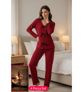 Kadın Bordo Fiyonklu İç Çamaşırı ve Uzun Kollu V Yaka Pijama Takımı 4'lü Set