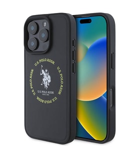 Apple iPhone 16 Pro Uyumlu Kılıf U.S. Polo Assn. Orjinal Lisanslı M-safe Şarj Özellikli Circle ve Double Horse Logolu Deri Kapak (Siyah)
