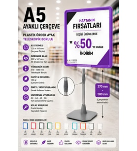 A5 Ayaklı Çerçeve Seti Plastik Ördek Ayak Teleskopik Borulu Fiyat Etiketliği Yönlendirme Levhası Menü Panosu Mor