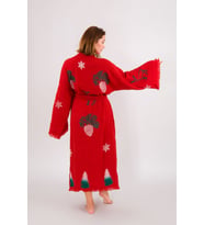 Christmas Müslin Kimono %100 Pamuklu Yılbaşı Baskılı Desenli Bornoz Kaftan Sabahlık (Kırmızı)