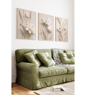 Ahşap Çerçeveli 2D UV Baskı 3'lü Tablo set–Krem Bej Tonlarda Kabartma Çiçek Desenli Minimal- CRV1316