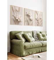 Ahşap Çerçeveli 2D UV Baskı 3'lü Tablo set–Krem Bej Tonlarda Kabartma Çiçek Desenli Minimal- CRV1316