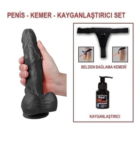 OdinsShop 23,5 cm Belden Bağlamalı Realistik siyahi Penis + Kemer + Kayganlaştırıcı