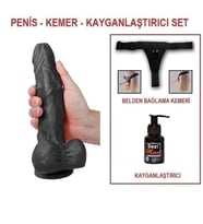 OdinsShop 23,5 cm Belden Bağlamalı Realistik siyahi Penis + Kemer + Kayganlaştırıcı