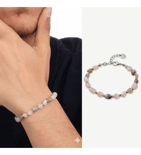 Gümüş Renk Metal Zincirli Dorika Top Süslemeli Amorf Morganit Doğaltaş Erkek Bileklik