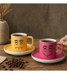 BK Gift 2'li Sarı ve Pembe Renkli Emoji Yüz Tasarımlı Seramik Türk Kahvesi Fincanı Takımı-3