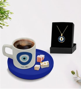 BK Gift Kişiye Özel İsimli Mavi Sunum Tabaklı Türk Kahvesi Fincanı ve Açılan Nazar Kolye Hediye Seti -4