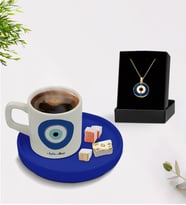 BK Gift Kişiye Özel İsimli Mavi Sunum Tabaklı Türk Kahvesi Fincanı ve Açılan Nazar Kolye Hediye Seti -4
