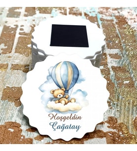 Magnet Hediyelik -Sevimli Ayıcık Mavi Balonlu Tasarım Doğum Günü - Yenidoğan Bebek Hatıra Magnet