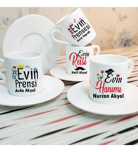 Evin Reisi Evin Hanımı Evin Prensi Evin Prensesi 4'lü Set Türk Kahve Fincanı