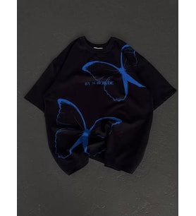 Unisex Bisiklet Yaka Baskılı Oversize T-Shirt - Siyah