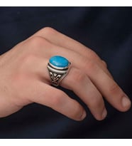Gümüş Zirkon Turkuaz Taşlı Oval Erkek Yüzük SL5003