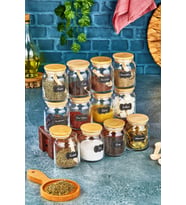 Etiketli Ahşap Kapaklı 300 ml 12 Adet Kavanoz Ve 12 Adet Mini Baharat Kaşığı - 24 Parça Baharat Seti