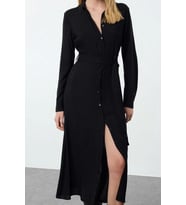 Moda Stil Relaxed Gömlek Yaka Midi Boy Kuşaklı Viskon Dokuma Elbise (Siyah)