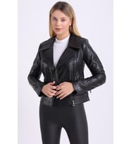 Hakiki Deri Taba Beli Lastikli Kadın Ceket (Siyah)