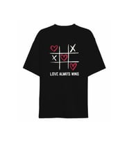 14 Şubat Sevgililer Günü Love Always Wins Baskılı Oversize Bisiklet Yaka T-shirt - Siyah