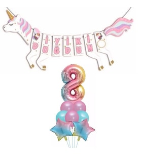 Şekilli Unicorn 8 Yaş İyi Ki Doğdun Gökkuşağı Balonlu Set