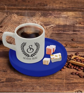 BK Gift Kişiye Özel Mavi Sunum Tabaklı Çelenk Baş Harfli İsimli Türk Kahvesi Fincanı Model 5