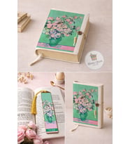 Kitap Kılıfı ve Metal Kitap Ayracı Seti (Van Gogh Pembe Güllü Vazo)