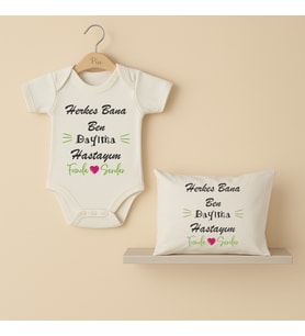 Pia Baby B28 %100 Pamuk Herkes Bana Ben Dayıma Hastayım Yazılı İsme Özel Bebek Body Ve Yastık Kılıfı (Ekru)