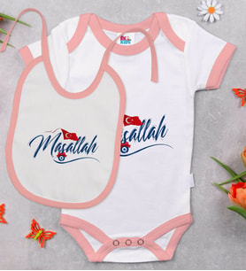 BK Kids Maşallah Tasarımlı Pembe Bebek Body Zıbın ve Mama Önlüğü Hediye Seti-3