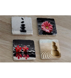 Spa Taşları ve Kırmızı Gerbera Çiçeği Doğal Taş Bardak Altlığı 4'lü set - Natural Stone Coasters