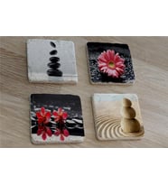 Spa Taşları ve Kırmızı Gerbera Çiçeği Doğal Taş Bardak Altlığı 4'lü set - Natural Stone Coasters