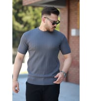 pilelistore- Erkek Bisiklet Yaka örgü Desenli Kısa örme Triko Kısa Kollu T-shirt (Füme)