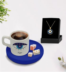 BK Gift Kişiye Özel İsimli Mavi Sunum Tabaklı Türk Kahvesi Fincanı ve Açılan Nazar Kolye Hediye Seti -7