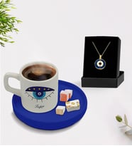BK Gift Kişiye Özel İsimli Mavi Sunum Tabaklı Türk Kahvesi Fincanı ve Açılan Nazar Kolye Hediye Seti -7