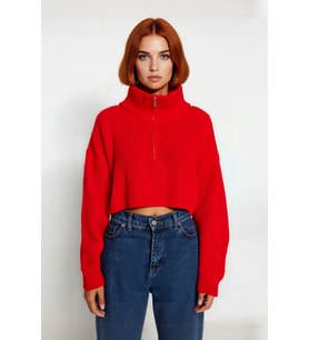 Kadın Basic Oversize Düşük Uzun Kollu Crop Fermuarlı Dik Yaka Triko Kazak Kışlık Rahat Stiller