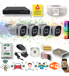 4 Kameralı Set Yapay Zeka Özellikli Gece Renkli 5MP SONY Lens FULLHD Güvenlik Kamerası Seti 604W-104